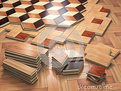 Stack ofr parquet wooden planks. Few types of wooden parquet coating. Cartoon Illustration