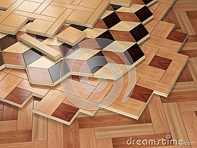 Stack ofr parquet wooden planks. Few types of wooden parquet coating. Cartoon Illustration