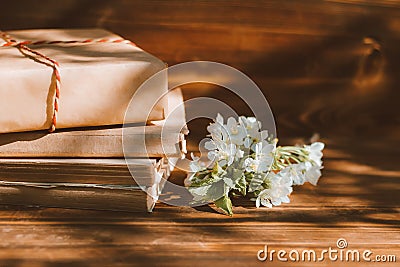 A stack of old books on a wooden background with a sprig of a flowering tree. the concept of memorabilia Stock Photo