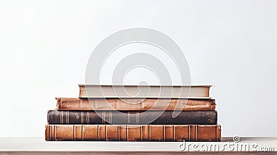 A stack of old books on a wooden surface with a white wall. The books are hardcover with leather covers. The books are Cartoon Illustration