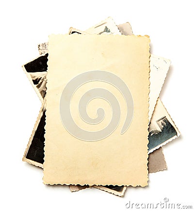 Stack old photos isolated on white background. Mock-up blank paper. Postcard rumpled and dirty vintage Stock Photo