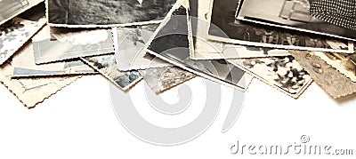 Stack old photos isolated on white background. Postcard rumpled and dirty vintage Stock Photo