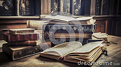 A stack of old tattered weathered antique books on the wooden table in a library, made with generative ai Stock Photo