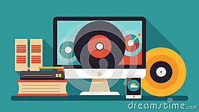 A stack of old vinyl records sits next to the computer ready to be played and sampled. Vector illustration. Vector Illustration