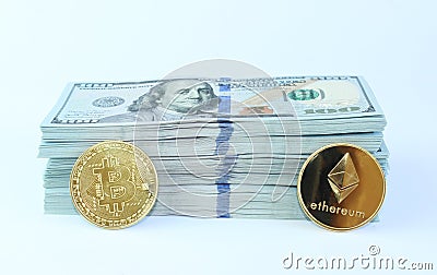 A stack of one hundred dollar bills and a coin of bitcoin and ether next to it. Withdraw bitcoins, ethereum, convert to dollars, w Editorial Stock Photo