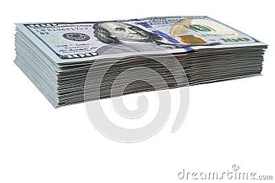 Stack of one hundred dollar bills isolated on white background. Stack of cash money in hundred dollar banknotes. Heap of hundred d Stock Photo