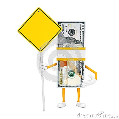 Stack of One Hundred Dollar Bills Person Character Mascot and Yellow Road Sign with Free Space for Yours Design. 3d Rendering Stock Photo