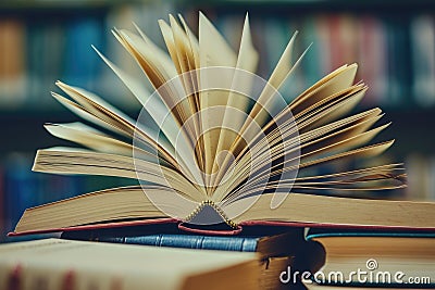 A stack of open books with pages fluttering, conveying the notion of gaining knowledge and inspiration Stock Photo