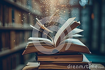 A stack of open books with pages fluttering, conveying the notion of gaining knowledge and inspiration Stock Photo