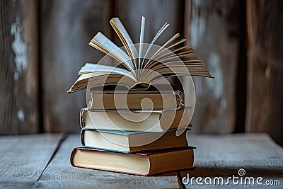 A stack of open books with pages fluttering, conveying the notion of gaining knowledge and inspiration Stock Photo