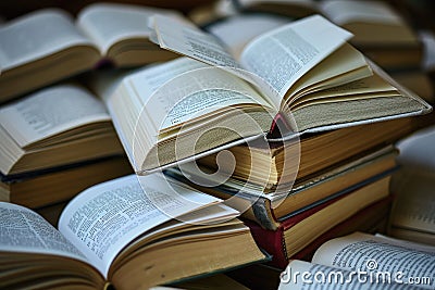 A stack of open books with pages fluttering, conveying the notion of gaining knowledge and inspiration Stock Photo