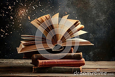 A stack of open books with pages fluttering, conveying the notion of gaining knowledge and inspiration Stock Photo