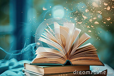 A stack of open books with pages fluttering, conveying the notion of gaining knowledge and inspiration Stock Photo