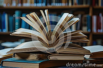 A stack of open books with pages fluttering, conveying the notion of gaining knowledge and inspiration Stock Photo