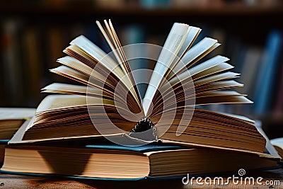 A stack of open books with pages fluttering, conveying the notion of gaining knowledge and inspiration Stock Photo