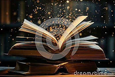 A stack of open books with pages fluttering, conveying the notion of gaining knowledge and inspiration Stock Photo