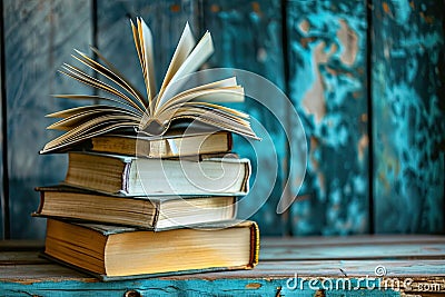 A stack of open books with pages fluttering, conveying the notion of gaining knowledge and inspiration Stock Photo