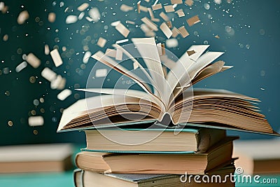 A stack of open books with pages fluttering, conveying the notion of gaining knowledge and inspiration Stock Photo