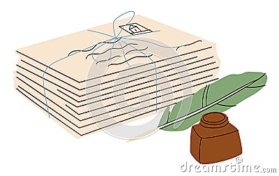 Stack of open and closed envelopes, postcards, handwritten letters, greeting post cards and Vector Illustration