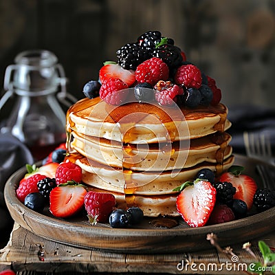 Tasty pancakes on the plate with fruits on it Stock Photo