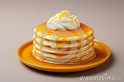 a stack of pancakes on a plate with syrup and whipped cream Stock Photo