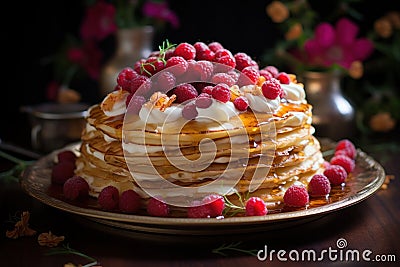 a stack of pancakes with raspberries and whipped cream Stock Photo