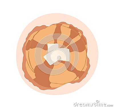 Stack of pancakes served with butter and honey or maple syrup. Top view of plate with sweet homemade hotcakes. Flat Vector Illustration