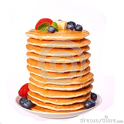 Stack of Pancakes Strawberry and Blueberry isolated Stock Photo