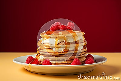 a stack of pancakes topped with whipped cream and raspberries Stock Photo