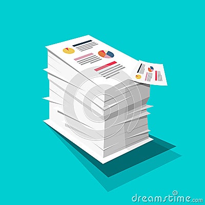 Stack of Paper Business Documents with Graphs and Text Pile. Vector Flat Design Documents Illustration on Blue Background Vector Illustration