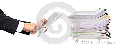 Stack paper folders and finger pointing to tablet isolated Stock Photo