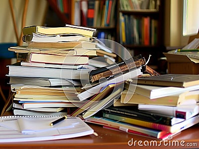 Stack piles of literature text academic archive on reading desk and aisle of bookshelves. By generative Ai Stock Photo