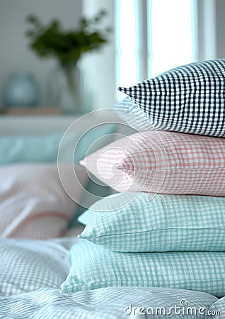 a stack of pillows. pillowcases in pastel blue, pink, mint colors with small checks and stripes on a white background of Stock Photo
