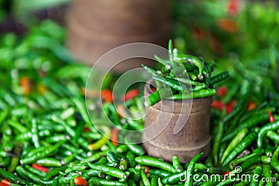 Stack of Piment oiseau on a market stall Stock Photo