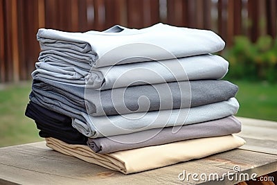 A stack of precisely folded clothes arranged neatly on top of a wooden table, creating a visually pleasing display. mockup for Stock Photo