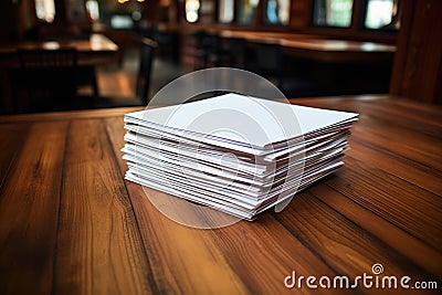 a stack of resumes on a wooden table Stock Photo