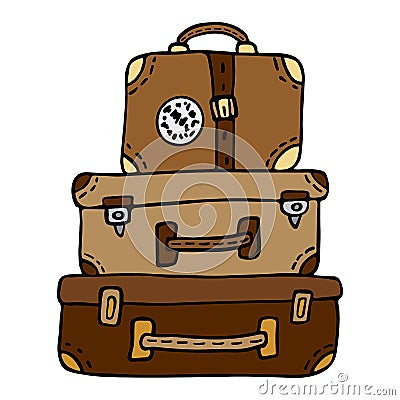 A stack of retro leather traveler suitcases with a sticker and straps, brown and red. Vector illustration in a cartoony Vector Illustration