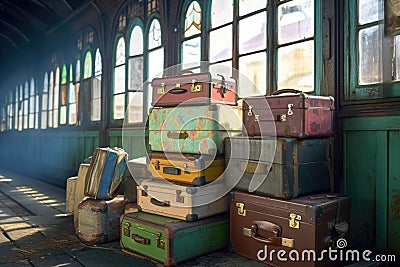 stack of retro suitcases on an old train platform Stock Photo