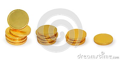 Stack of round golden chocolate coins isolated on white background. Set of chocolate money in gold foil Stock Photo