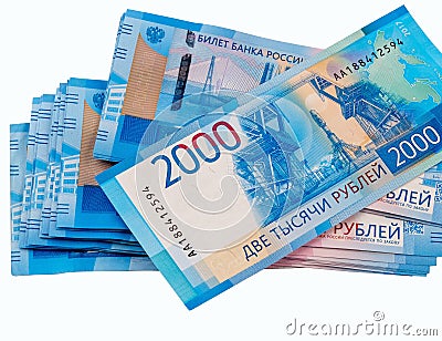 Stack of russian banknotes 2000 rubles. Isolated on white background Stock Photo