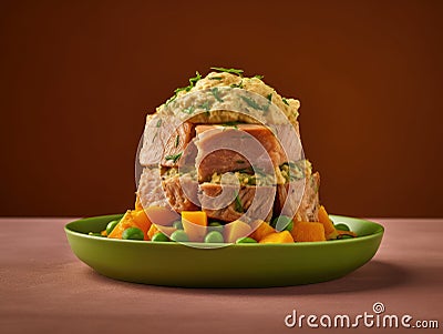 Stack of salmon and peas on a green plate Stock Photo