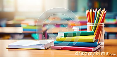 stack of school books and pencils on desk with classroom background. banner with copy space Stock Photo