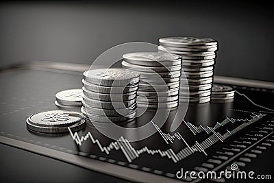 stack of silver coins with trading chart Cartoon Illustration