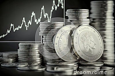 stack of silver coins with trading chart Cartoon Illustration