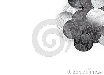 Stack of silver Monero coins in top-right corner isolated on white and copy space for your text. Editorial Stock Photo