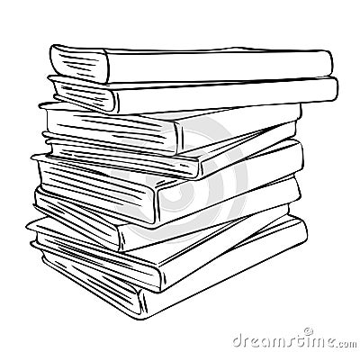 Stack of sloppy folded various books in black and white colors, outline hand painted drawing Vector Illustration