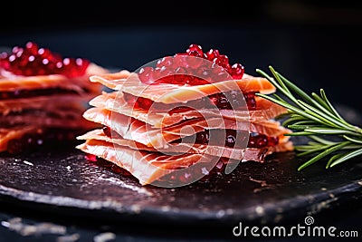 a stack of smoked salmon slices with red berries Stock Photo