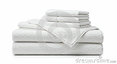 A stack of soft, white towels of varying sizes is arranged neatly. The towels have Stock Photo