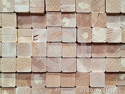 Stack of square wood planks for construction in warehouse Stock Photo