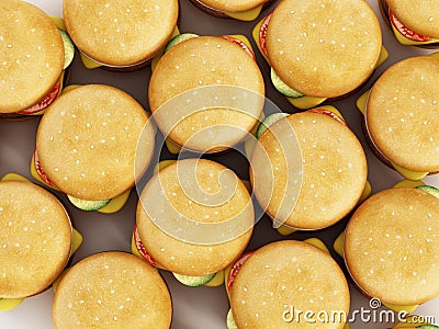 Stack of standard sized hamburgers background. 3D illustration Cartoon Illustration